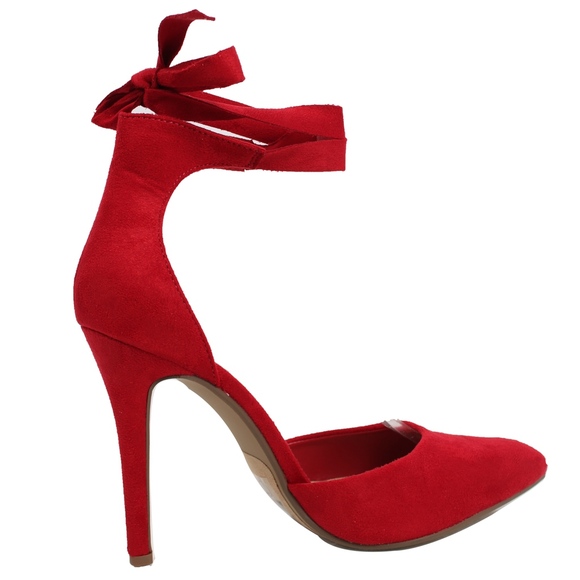 Size 5.5 Red Faux Suede Pointy Toe Ankle Tie Stile - Picture 4 of 7